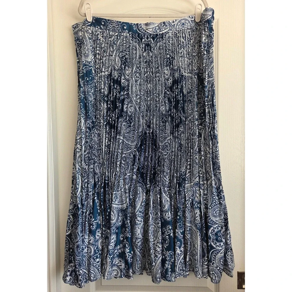 CHICOS Blue White‎ Paisley Pleated Elastic Waist Flowy Midi Maxi Skirt Sz 4/XXL